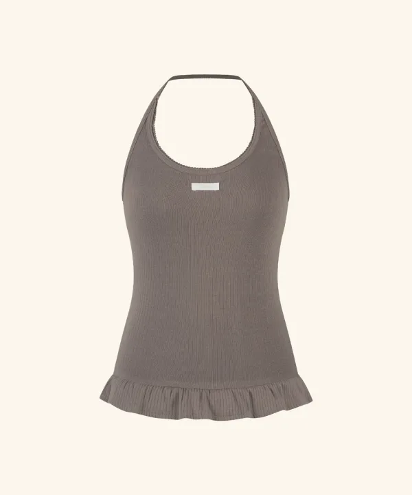 Letters Frill Label Halter Neck Top ( Brown )