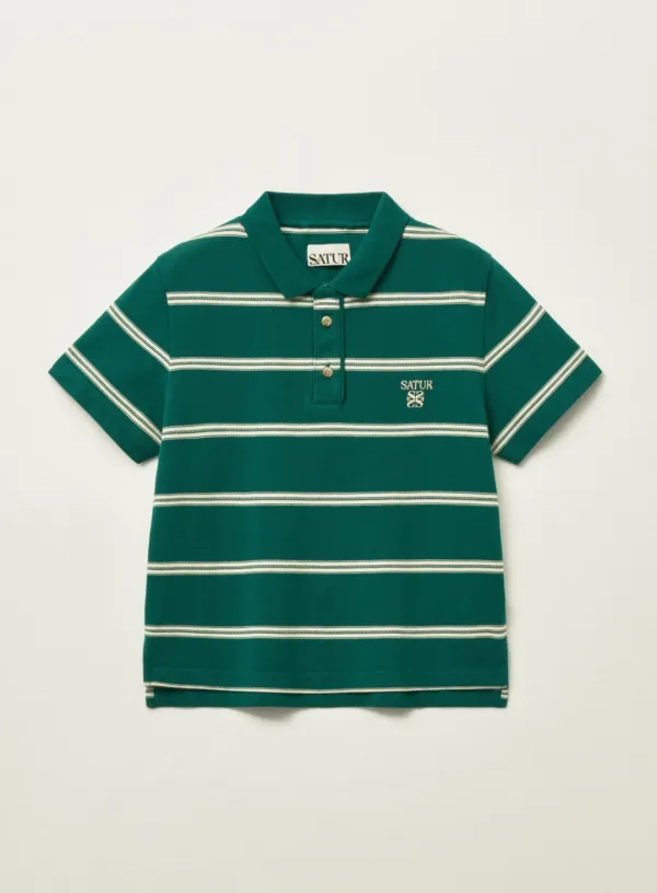 (W) Stripe Pique Polo T-Shirt - Deep Green