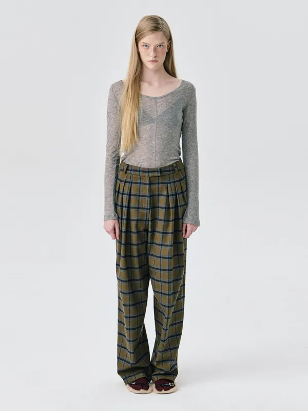 Check Wide Tuck Pants_Khaki