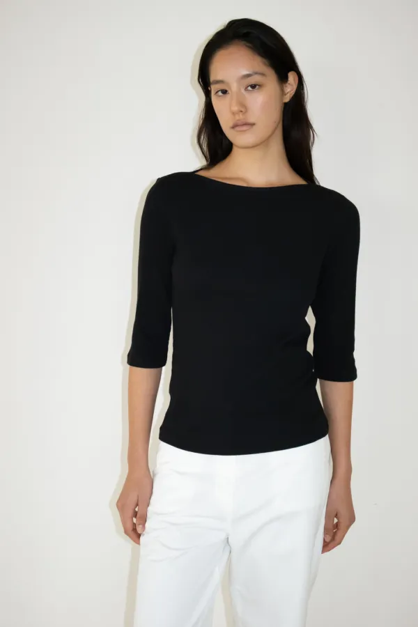 Ribbed Boat Neck Half Sleeve Top (Black)