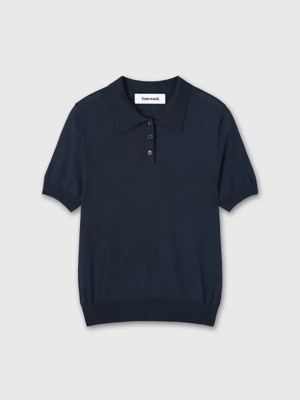 (W) SILK COTTON POLO SHIRT_ NAVY