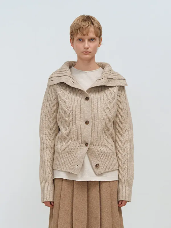 TFW WOOL TURTLENECK CABLE CARDIGAN_BEIGE
