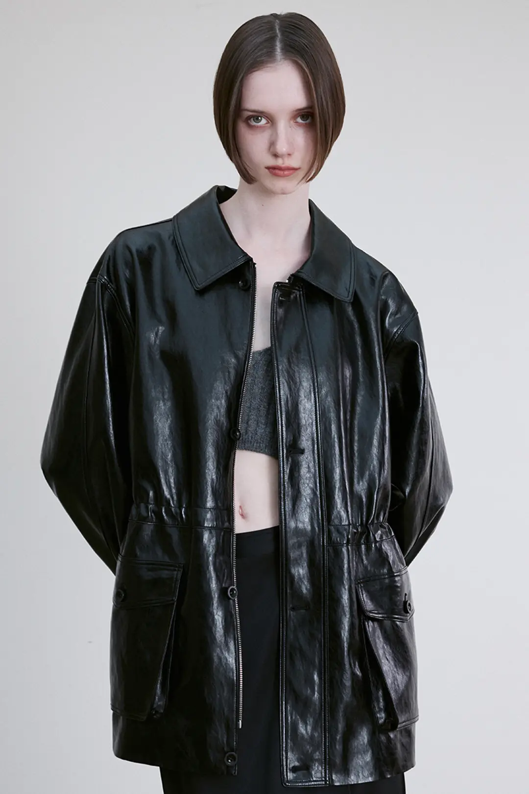 리이 DRAWSTRING WAIST VEGAN LEATHER JACKET 상품 이미지 3