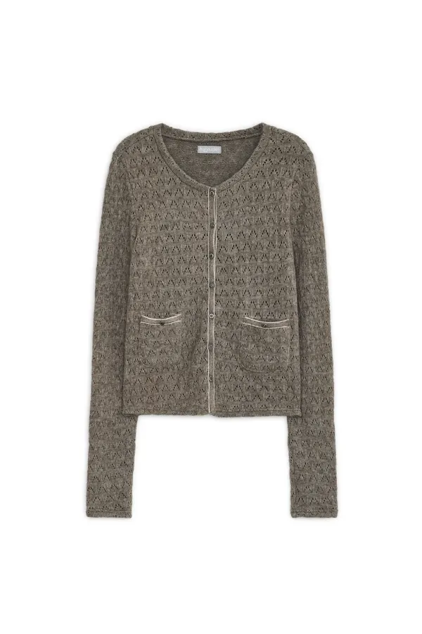 Trim pointelle knit cardigan (Brown)