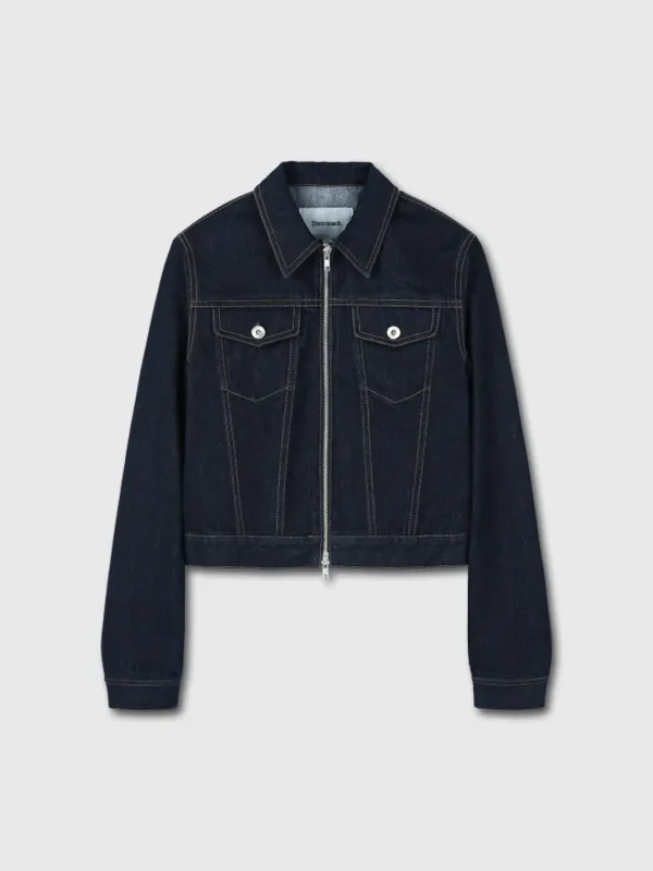 RINSED DENIM SLIM-FIT ZIPPERED TRUCKER_ BLUE