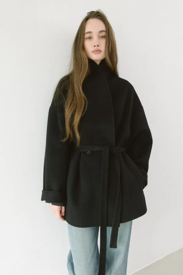 SHAWL HALF CASHMERE HANDMADE COAT [ BLACK ]