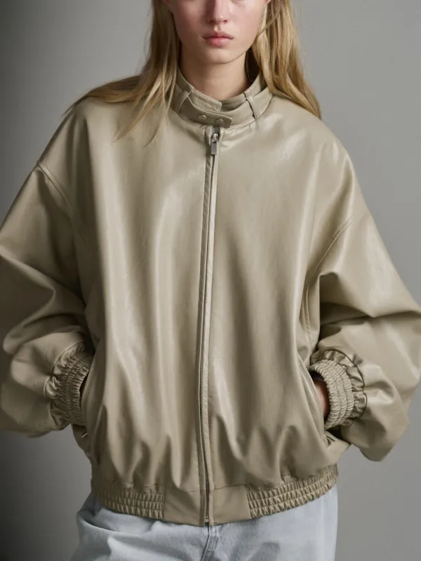 스탠드 카라 레더 블루종_olive beige