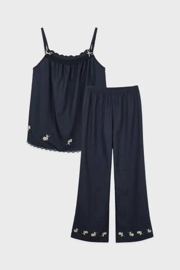 Rose Embroidered Pajama SET-UP (Dark Navy)
