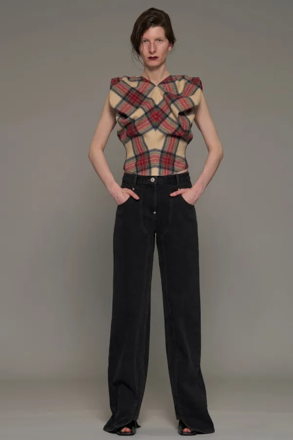 FW26 YELLOW CHECK DRAPED STRUCTURED CROP TOP
