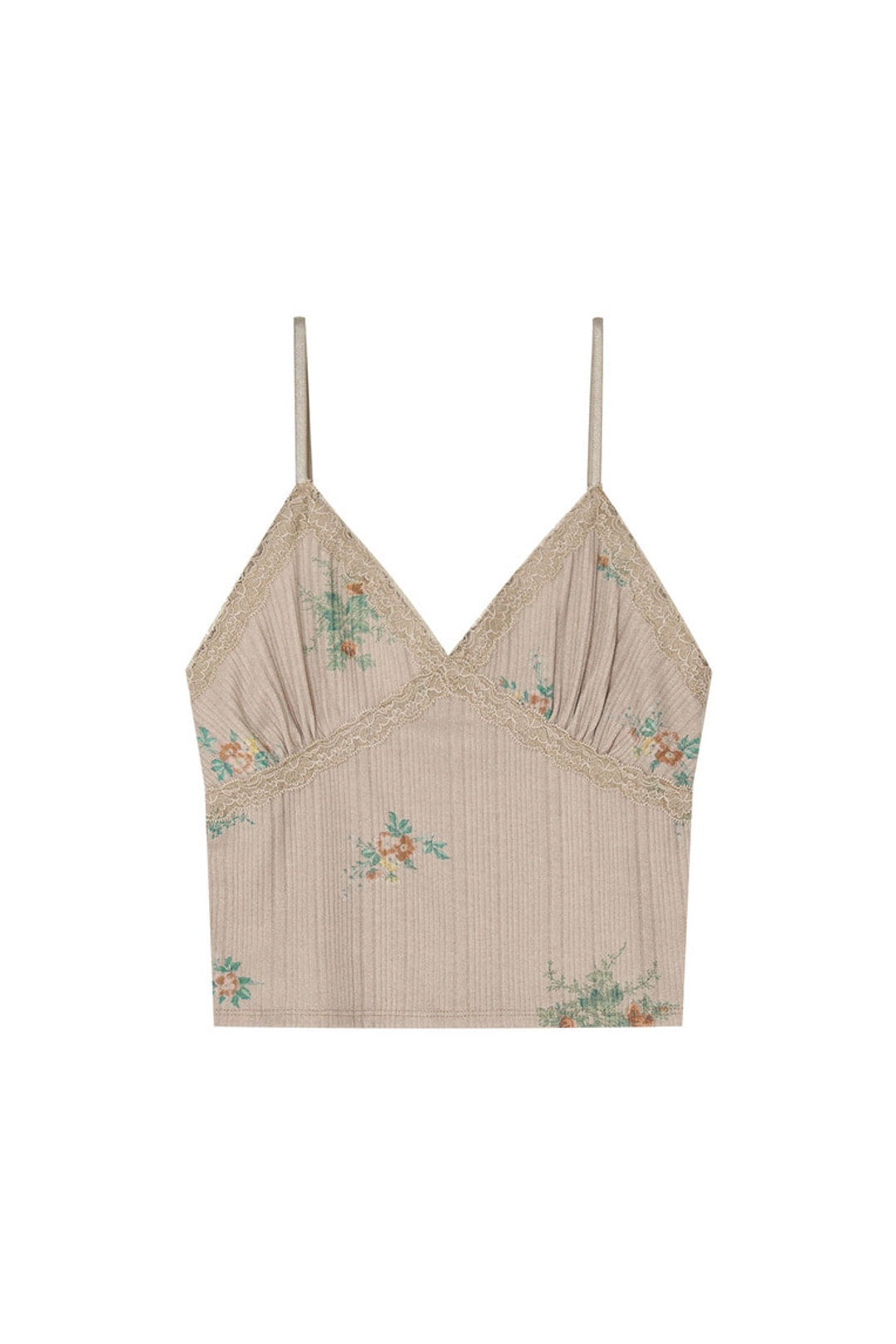 투머치택스 FLORAL LACE RIBBED CAMI TOP (BEIGE) 상품 이미지 1