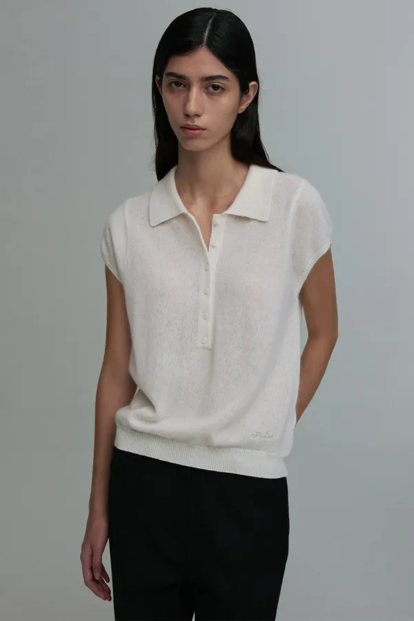 COLLARED CAP-SLEEVE KNIT TOP WHITE