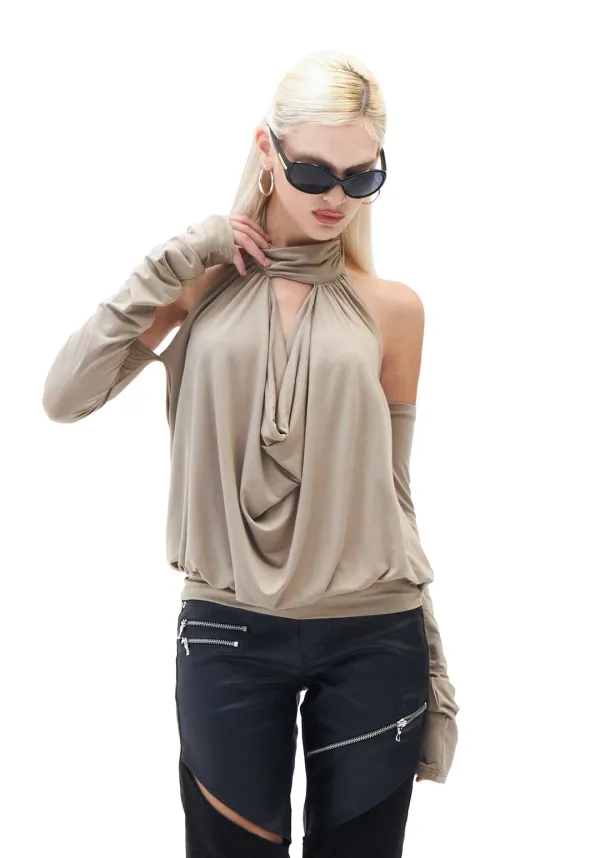 Draped Mock Neck Top [Taupe]