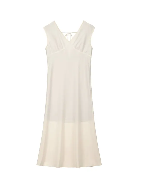 Vetiver Silky V-Neck Shirring Maxi Dress