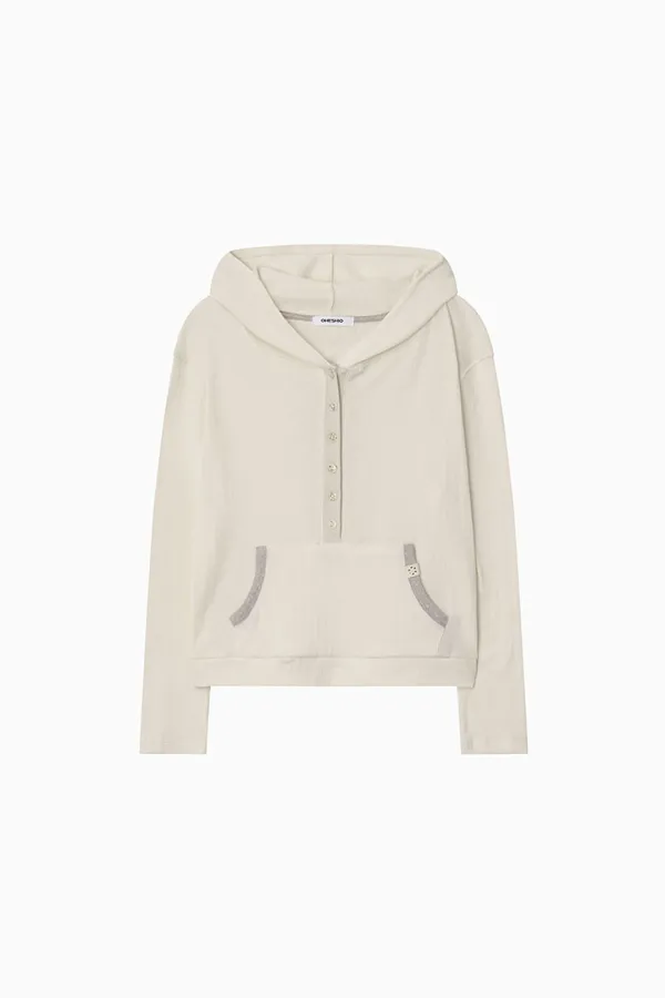 BUTTON HOODED LONG SLEEVE, IVORY