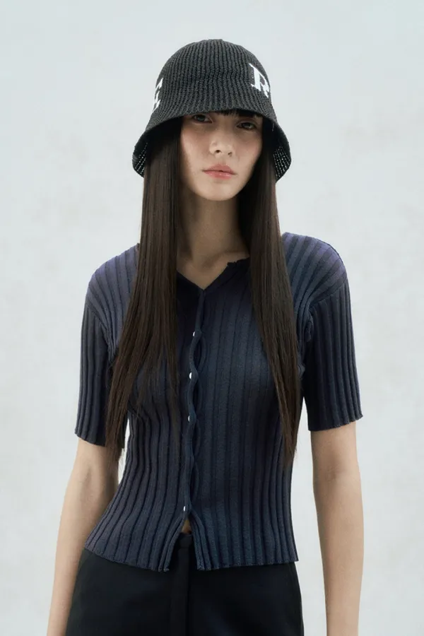HALF SLEEVE RIBBED CARDIGAN CHARCOAL GRAY