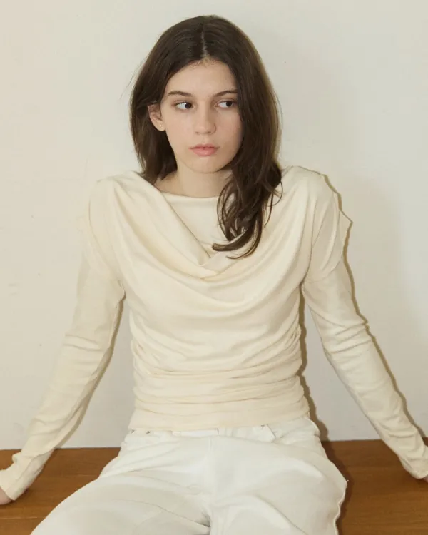 Holy two way layered drape t shirt - ivory