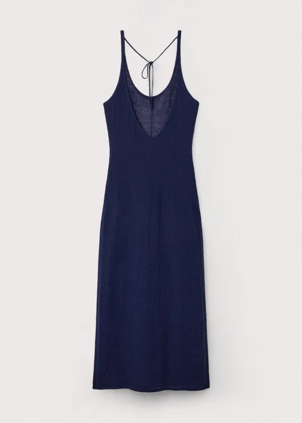 Crinkled linen side slit maxi dress_Dawn blue