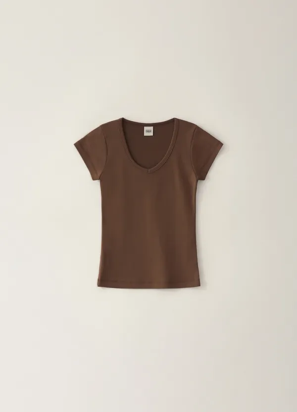 Cozy V-neck Short T-shirt - Brown
