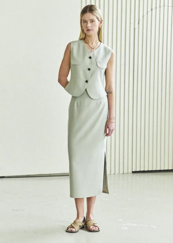 (SET) POCKET BUTTON VEST & H-LINE SLIT SKIRT_OLIVE GRAY