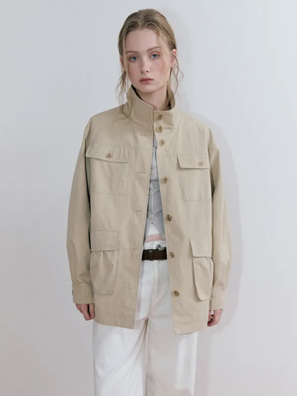 Shirring Pocket Half Jacket, Beige