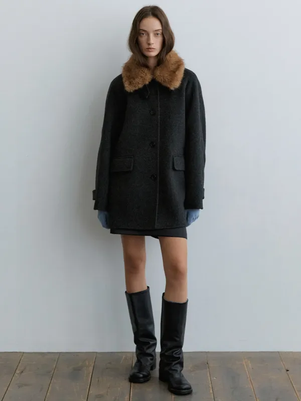 Detachable fur-collar handmade coat [KNFW08CT06]_Charcoal