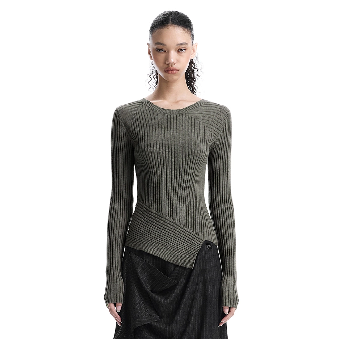 트리밍버드 Asymmetric Ribbed Knit Top [ Khaki ] 상품 이미지 1