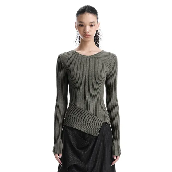 Asymmetric Ribbed Knit Top [ Khaki ]