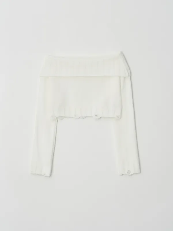 Damaged Off-shoulder Knit (White)