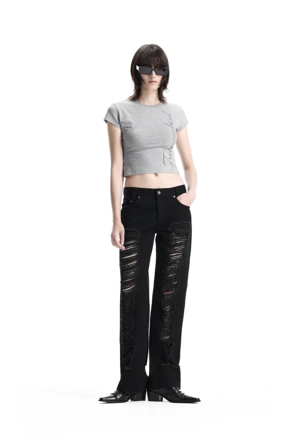 Low-Rise Scratch Damage Slim-Fit Denim [ Black ]