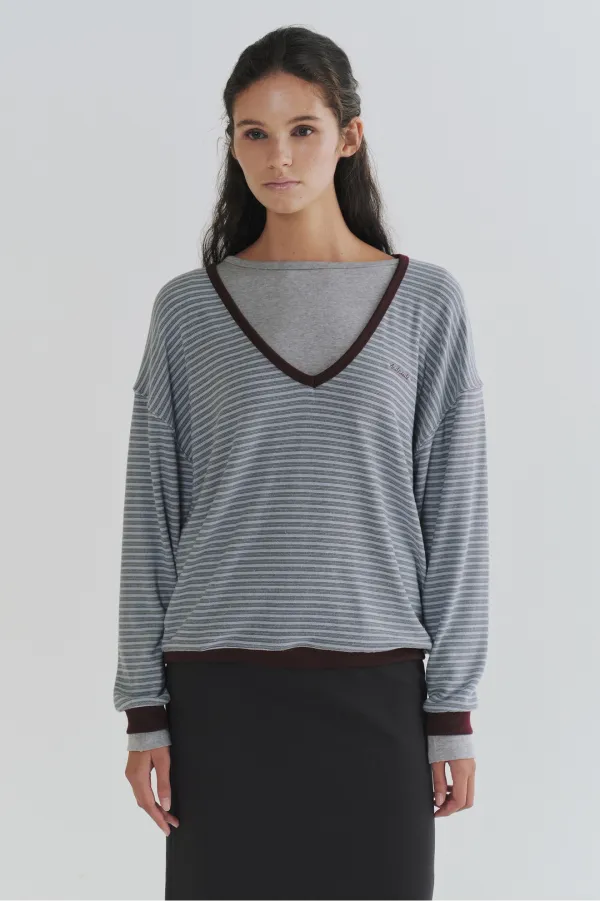 Mild stripe deep v-neck top (blue)