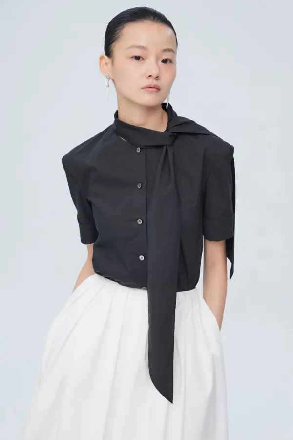 COTTON SHORT SLEEVE TIE BLOUSE