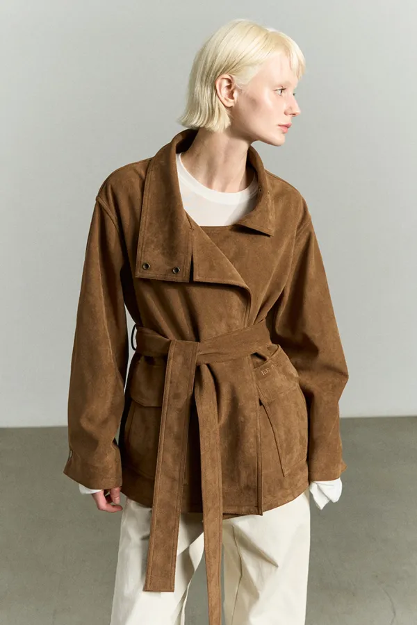 SUEDE FUNNEL NECK JACKET CAMEL BROWN