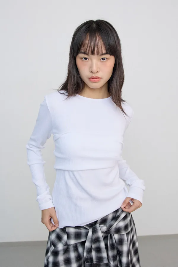 Ribbed sleeves shirring tee_white