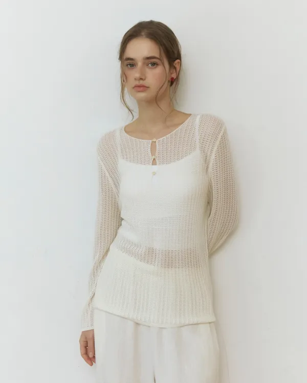 Three button net see through knit - ivory