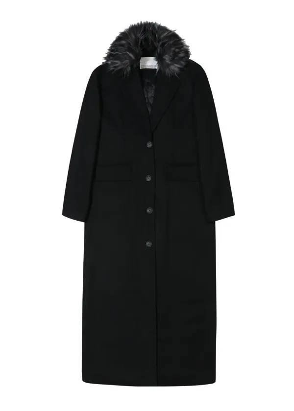 FUR COLLAR 2WAY WOOL MAXI COAT, BLACK