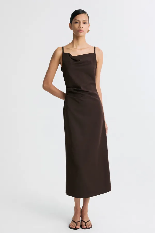 ZIP-HEM DRAPED MIDI DRESS CHOCOLATE