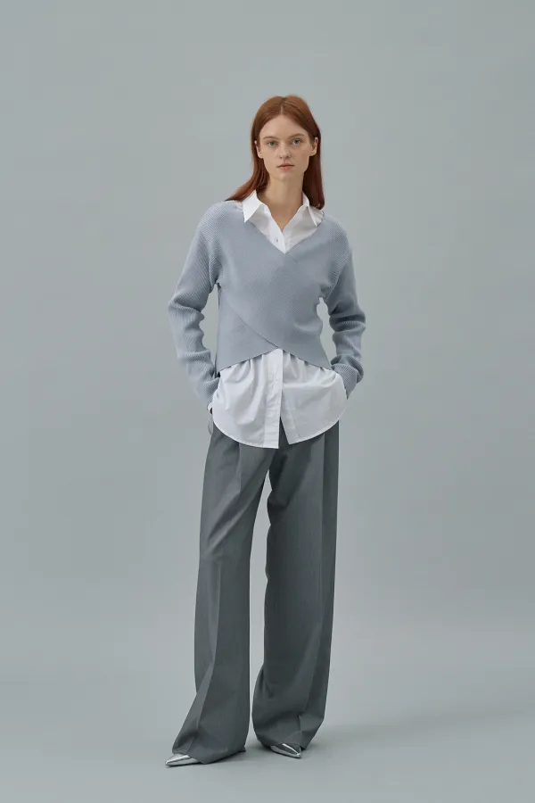 Wrap Ribbed V-neck Knit[LMBDSPKN241]-Pearl Blue
