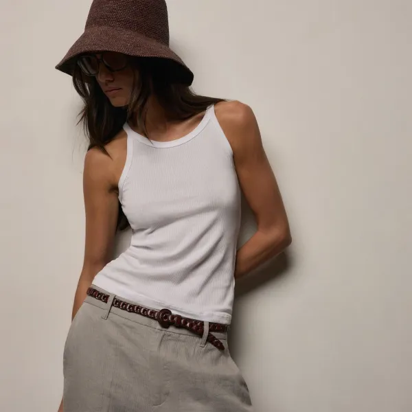 Ribbed High Neck Cami - White