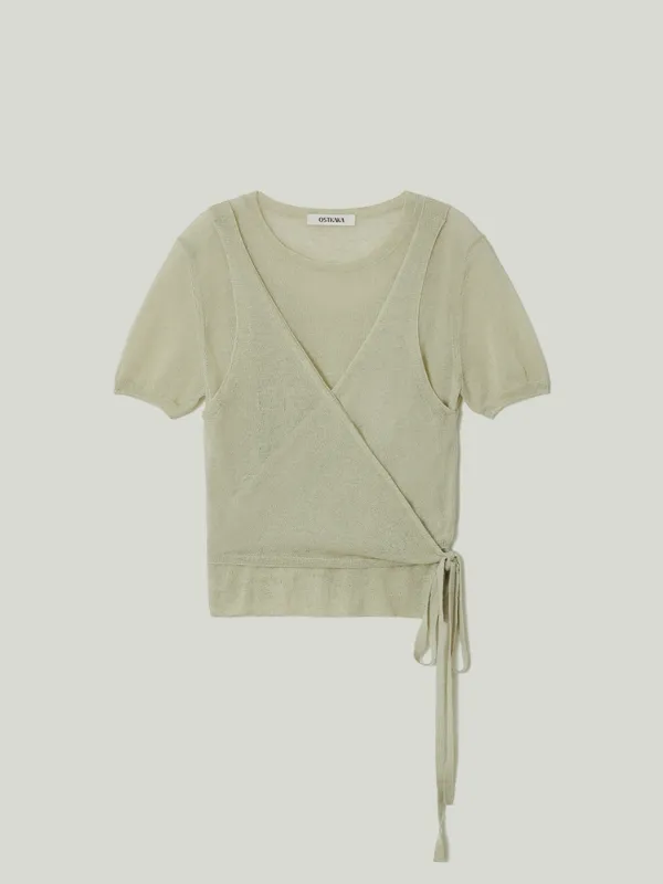 Linen Blended Layered Twin Set Olive