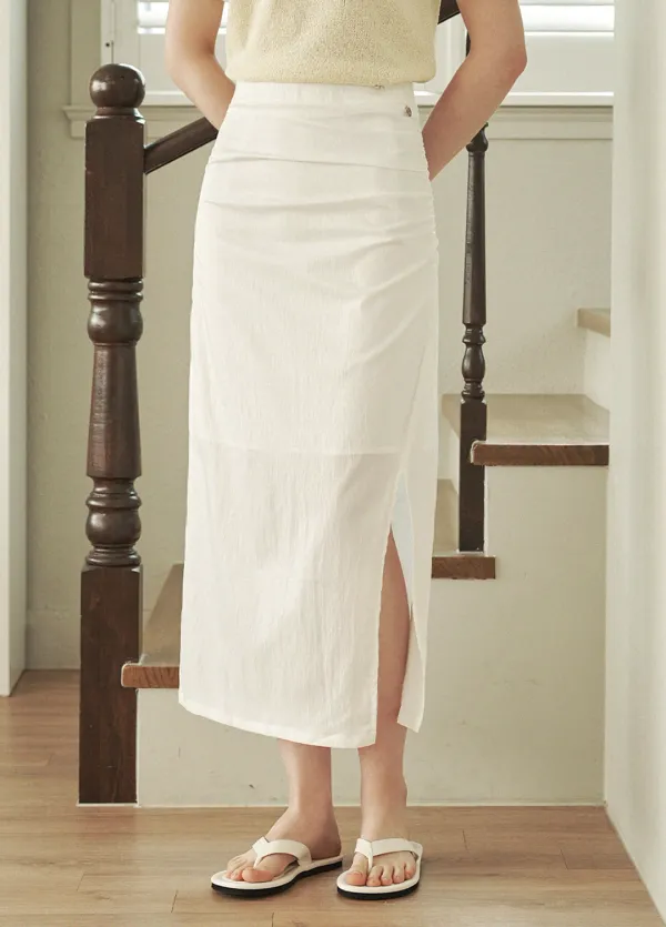  [25-36]  Rustle Shirring Maxi Skirt  러슬 셔링 맥시 스커트 (여름-하객룩-격식룩-오피스룩-출근룩-데이트룩-데일리룩-슬릿-셔링-페미닌-H라인-슬림핏-롱스커트-자체제작) 