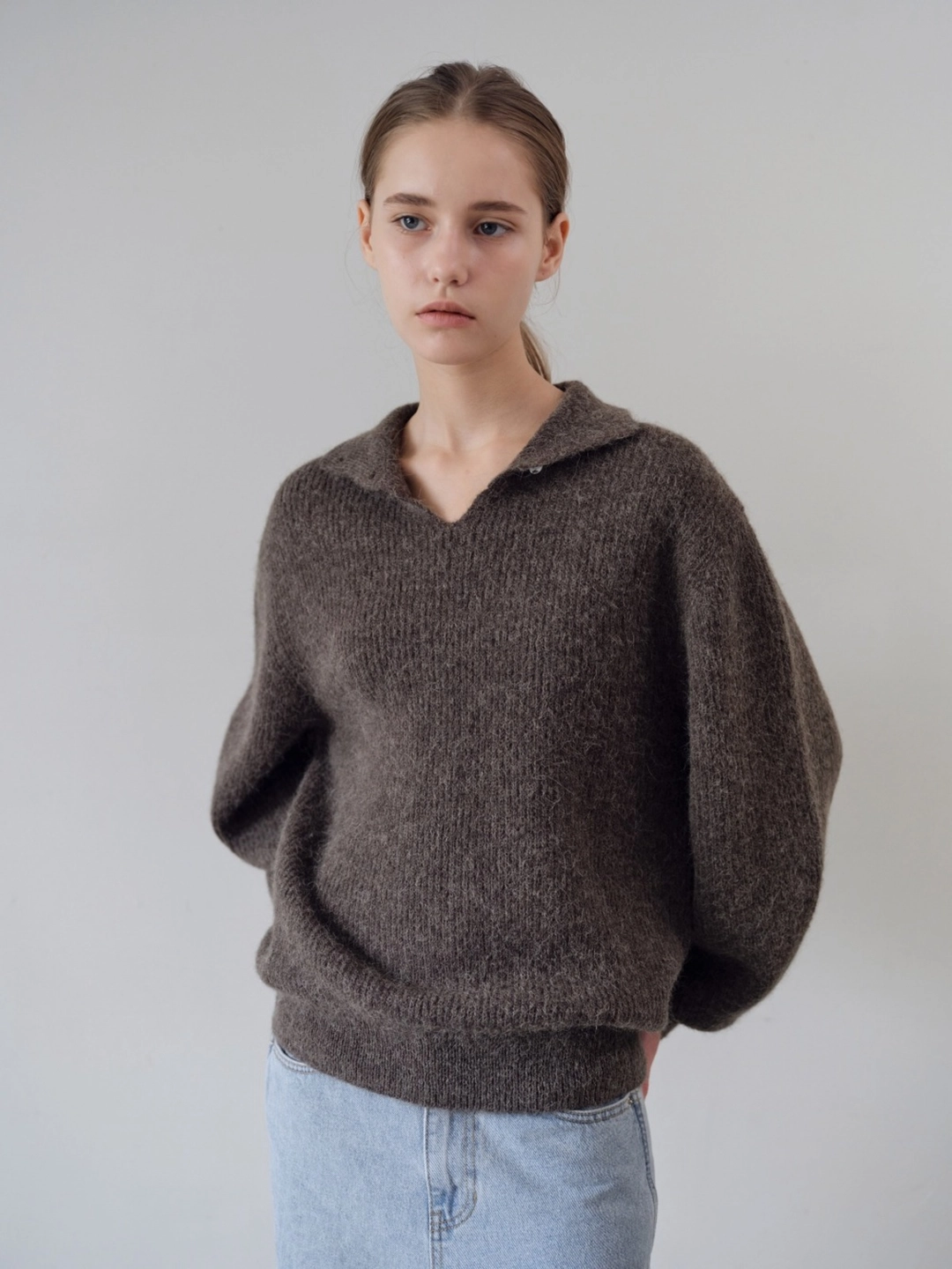 더릴 Alpaca Button Collar Knit_Brown 상품 이미지 1