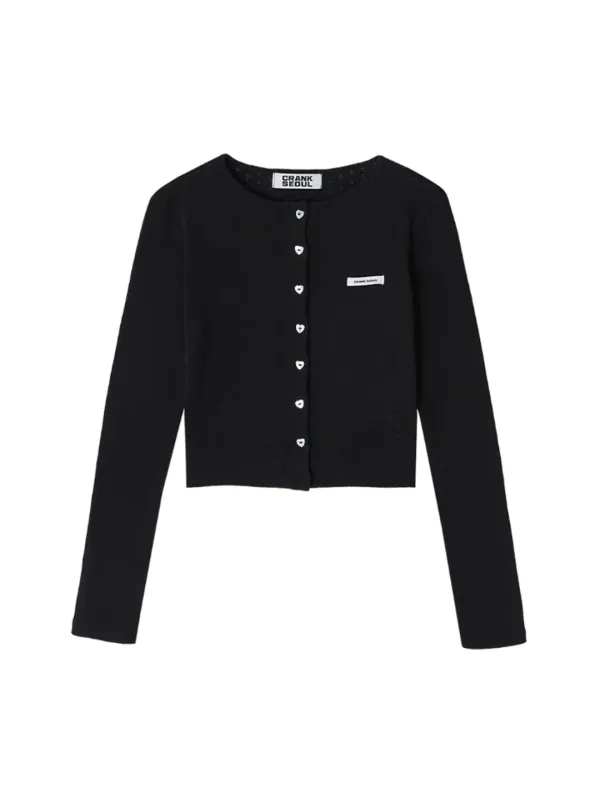 HEART BUTTON EYELET CARDIGAN_BLACK