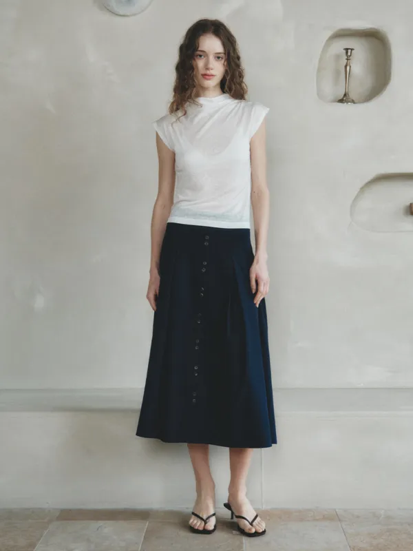 KAYA button flare long skirt_navy