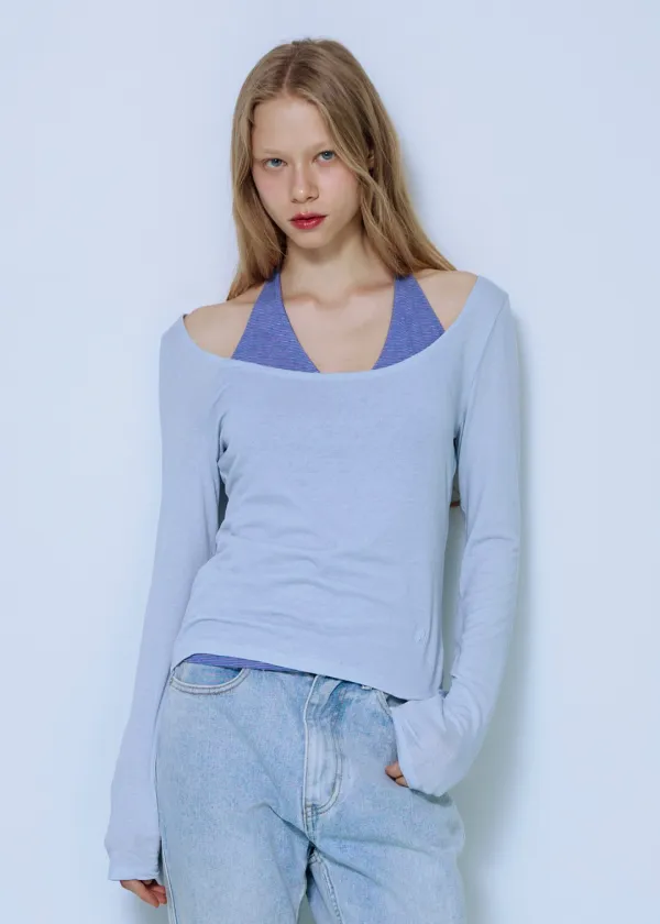 [SET] Layered Halter Long Sleeve Top_Sky Blue