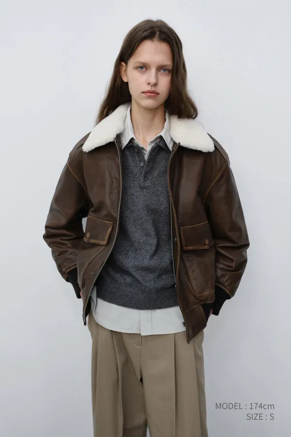UNISEX DETACHABLE A-2 LEATHER BLOUSON BROWN_UDJU6C102W2