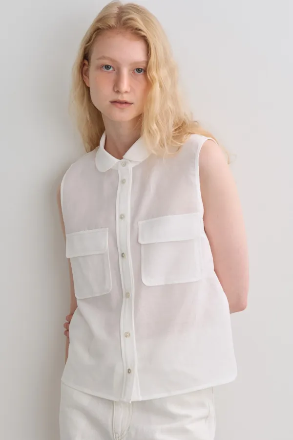linen pocket sleeveless shirt (white)