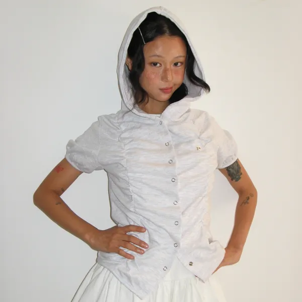 SHIRRING SNAP SHORT HOODIE WHITE MELANGE