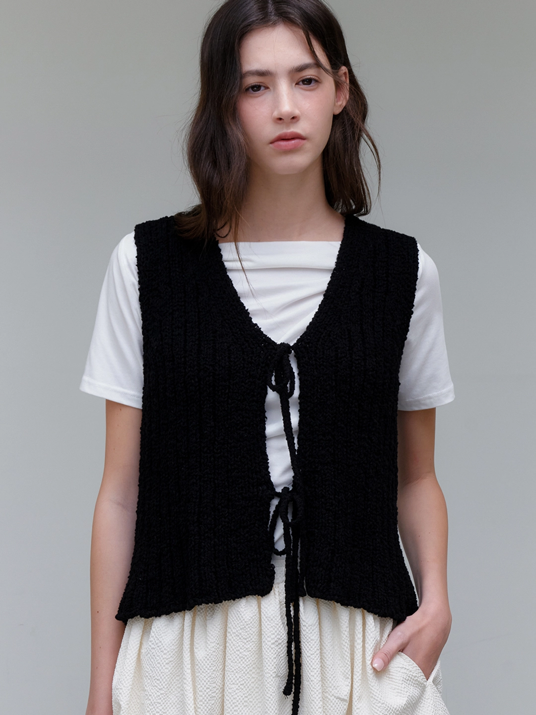 아워코모스 comos 1168 ribbon boucle knit vest (black) 상품 이미지 2