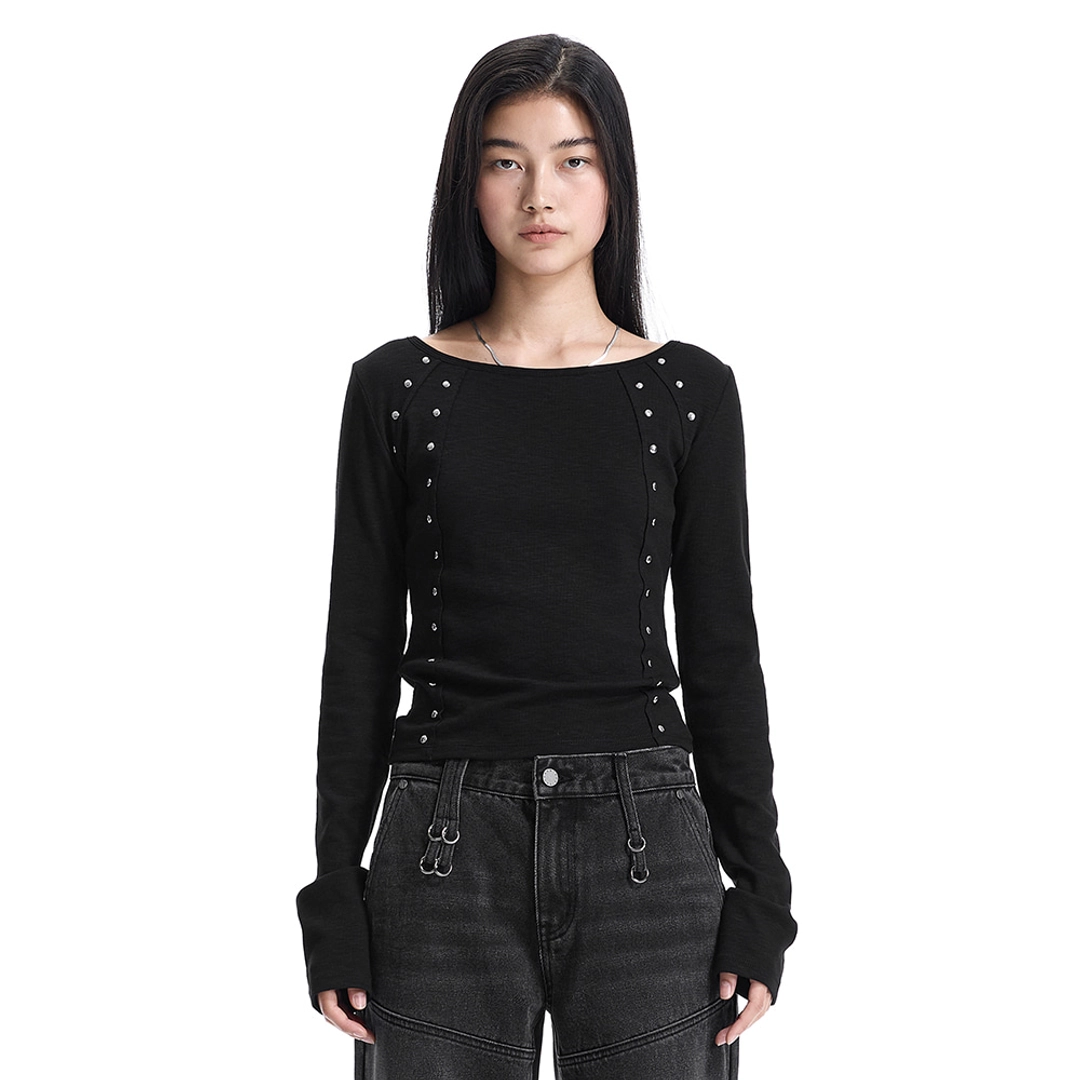 트리밍버드 Hot-Fix Raw Edge Boat Neck T-Shirt [ Black ] 상품 이미지 1