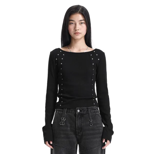 Hot-Fix Raw Edge Boat Neck T-Shirt [ Black ]